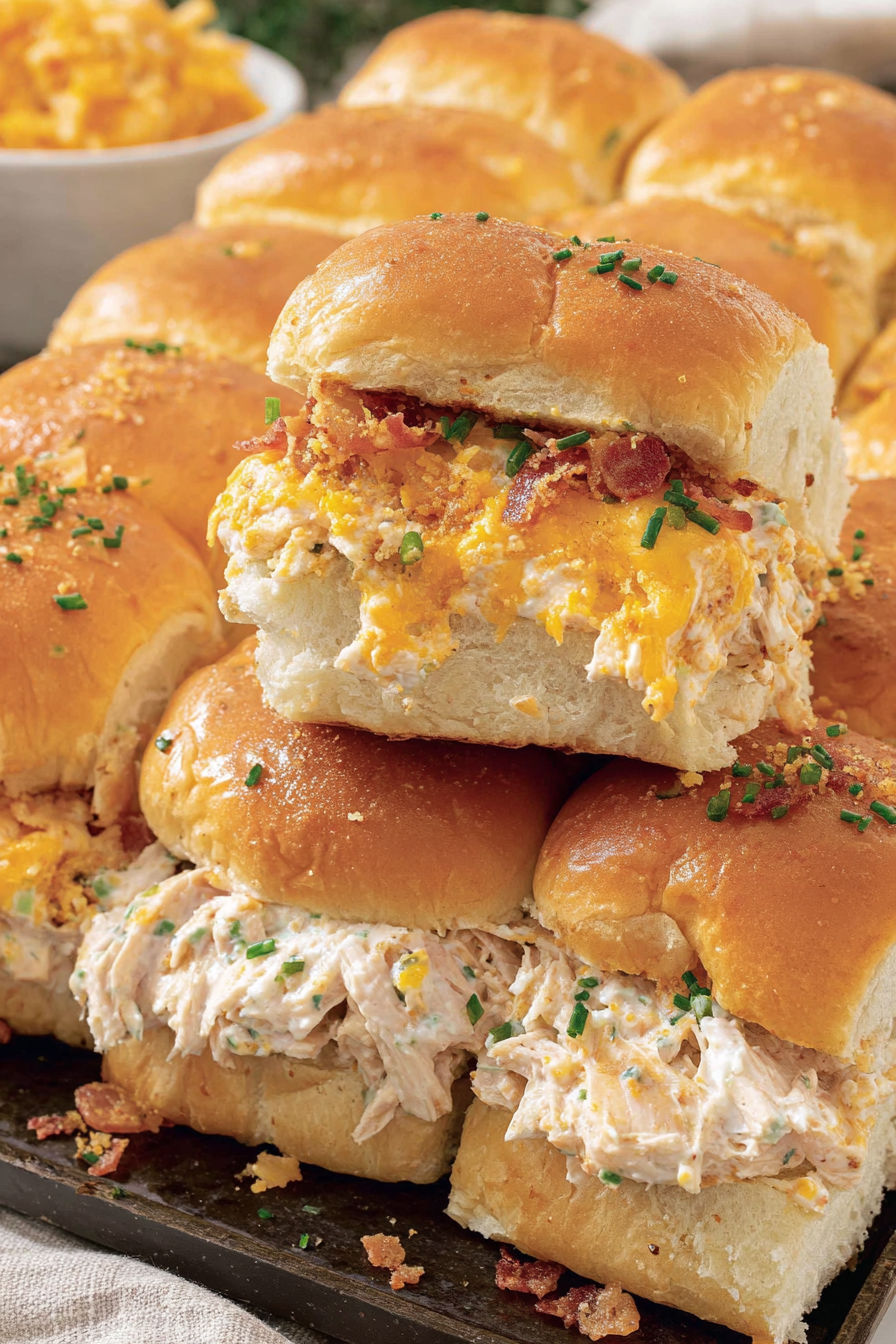 Crack chicken sandwiches stacked on top of each other.