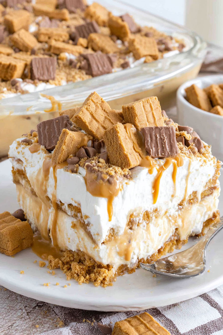 A close up of a peanut butter lasagna.