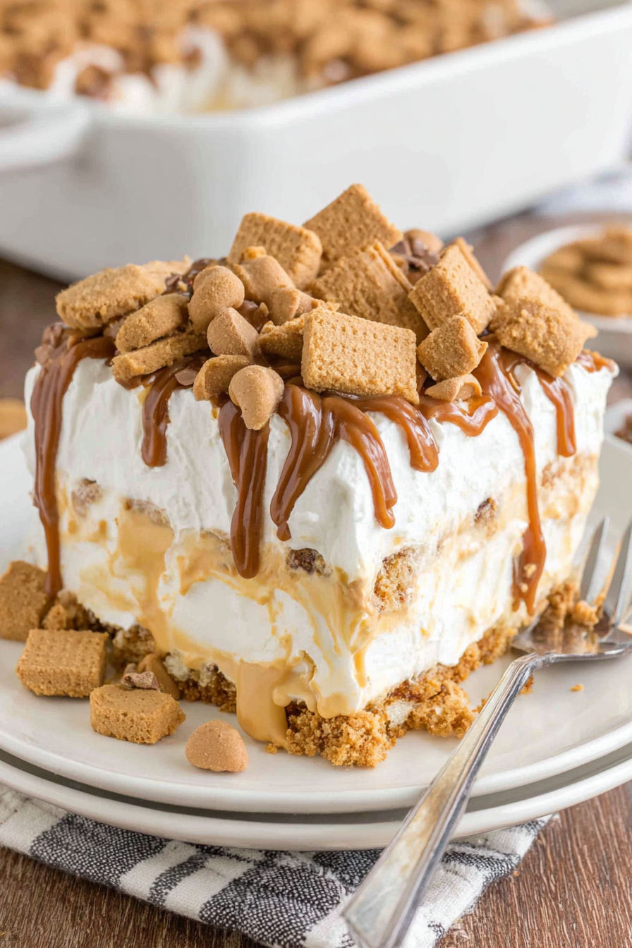 A slice of peanut butter lasagna with chocolate drizzle.