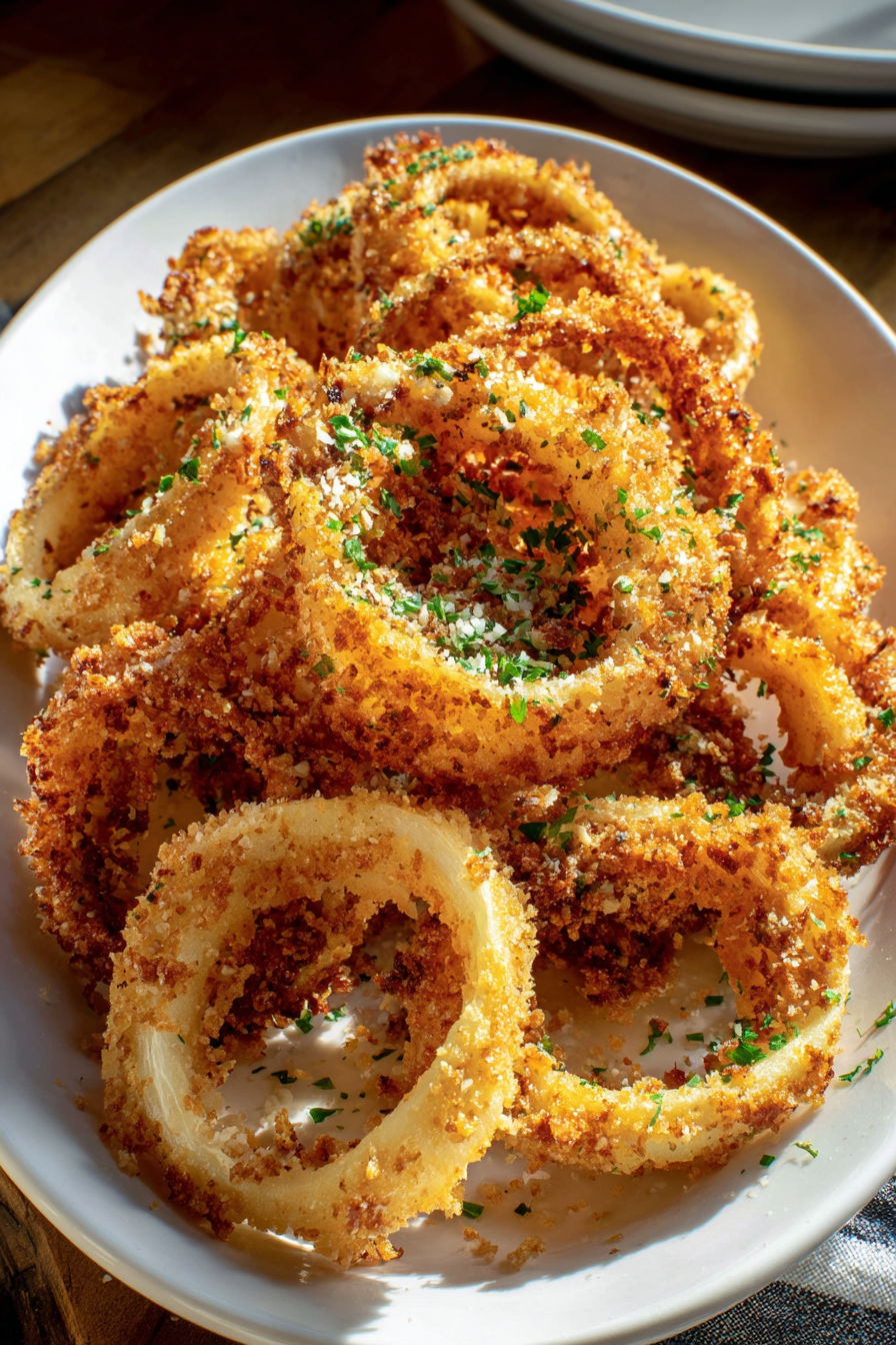 A plate of crispy Parmesan onion ring chips.