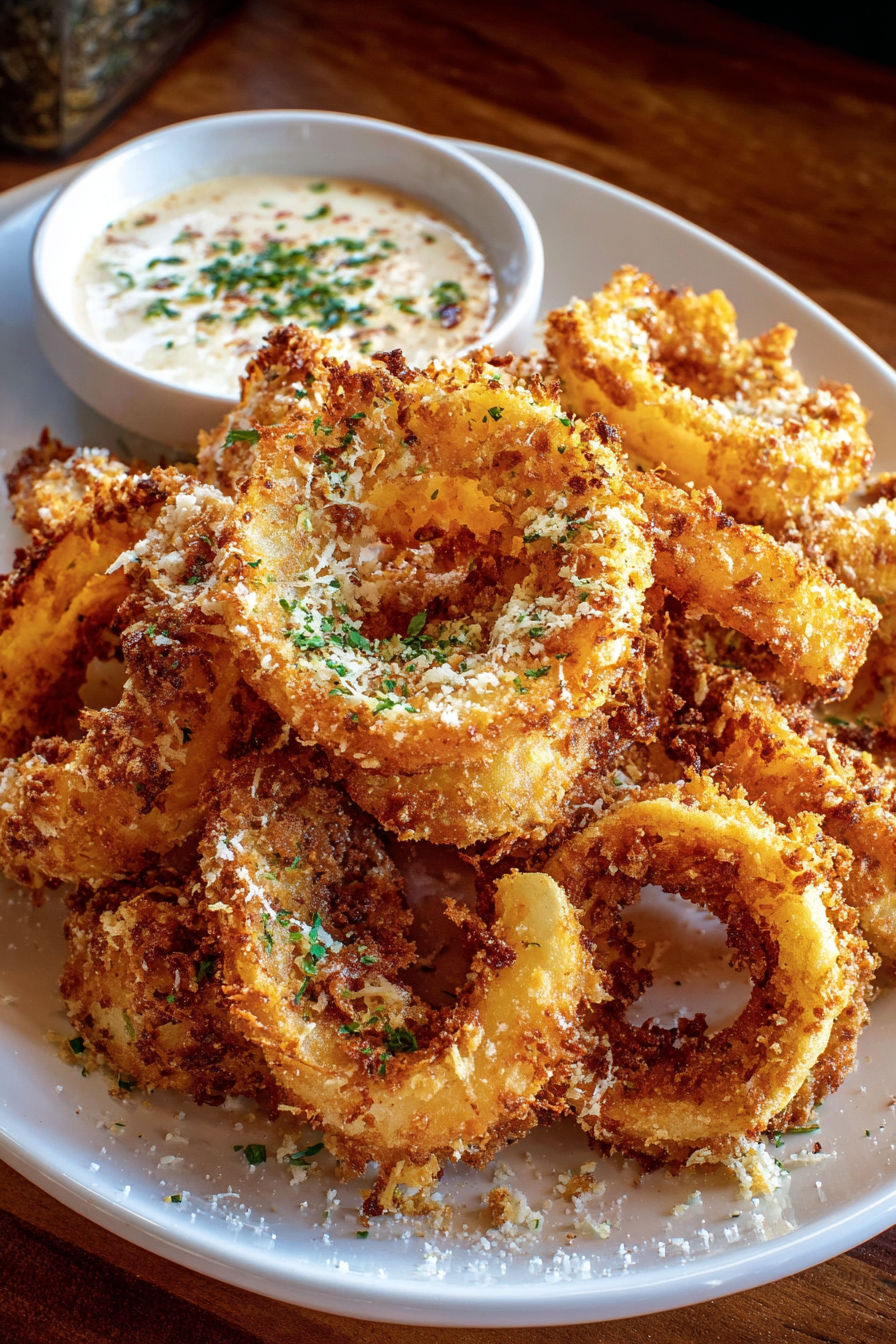 A plate of crispy Parmesan onion ring chips.