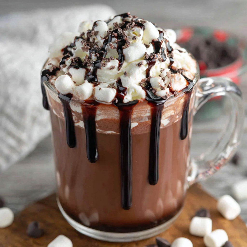 A cup of hot chocolate with whipped cream and chocolate drizzle.