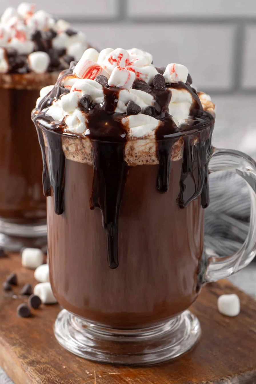 A glass of hot chocolate with marshmallows on top.