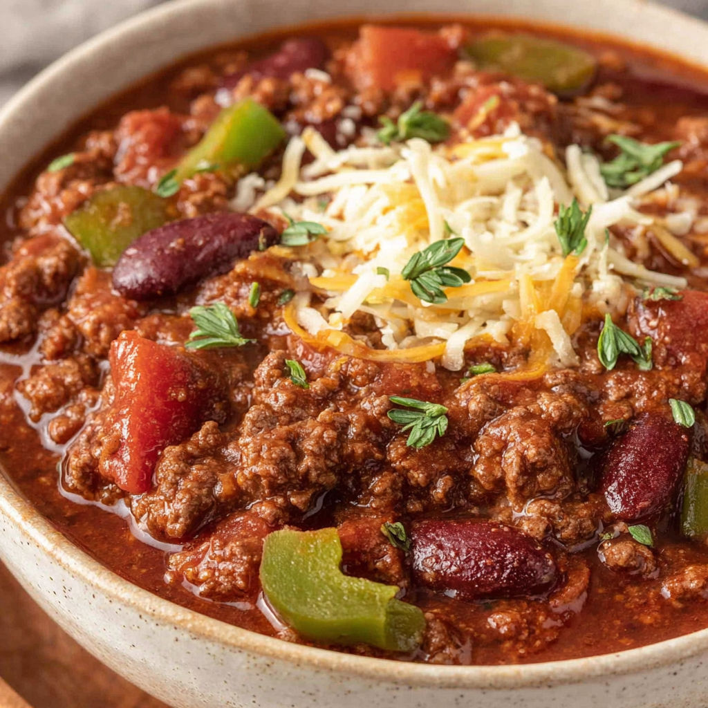 A bowl of chili with cheese on top.