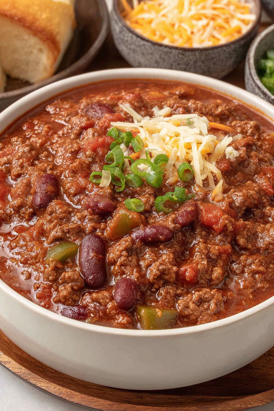 A bowl of chili with cheese on top.