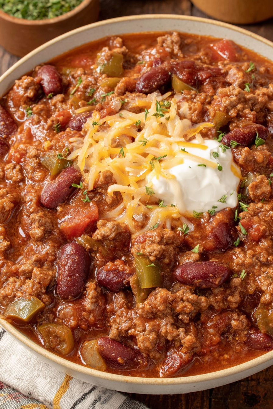 A bowl of chili with cheese and chives on top.