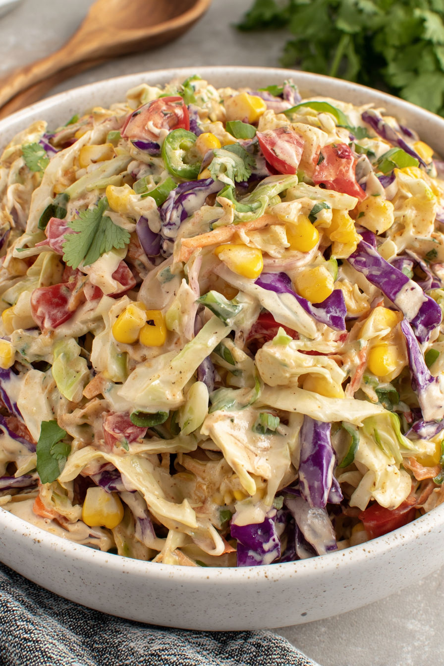 A bowl of salad with corn, tomatoes, and lettuce.