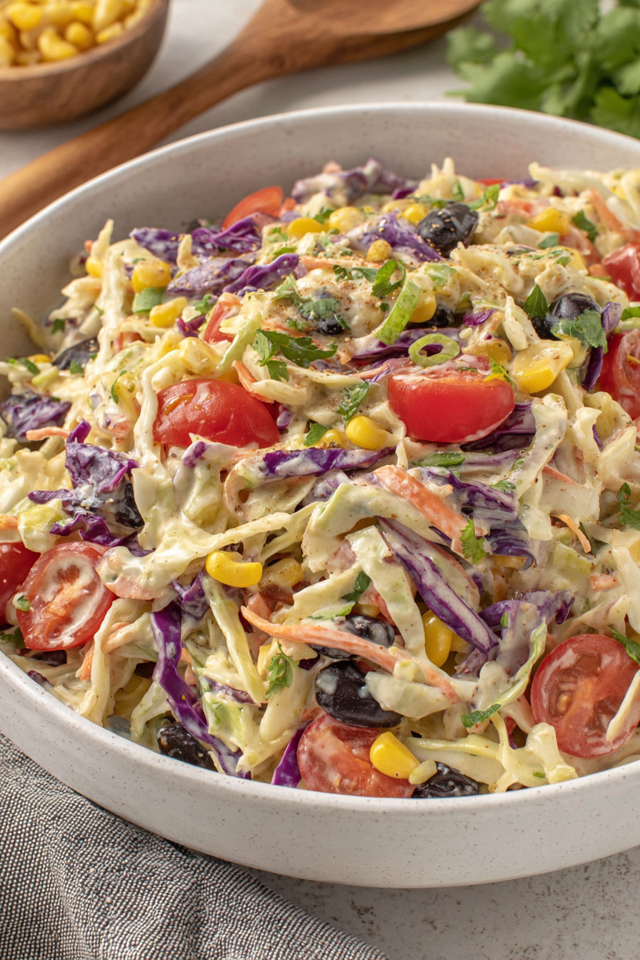 A bowl of salad with various vegetables and dressing.