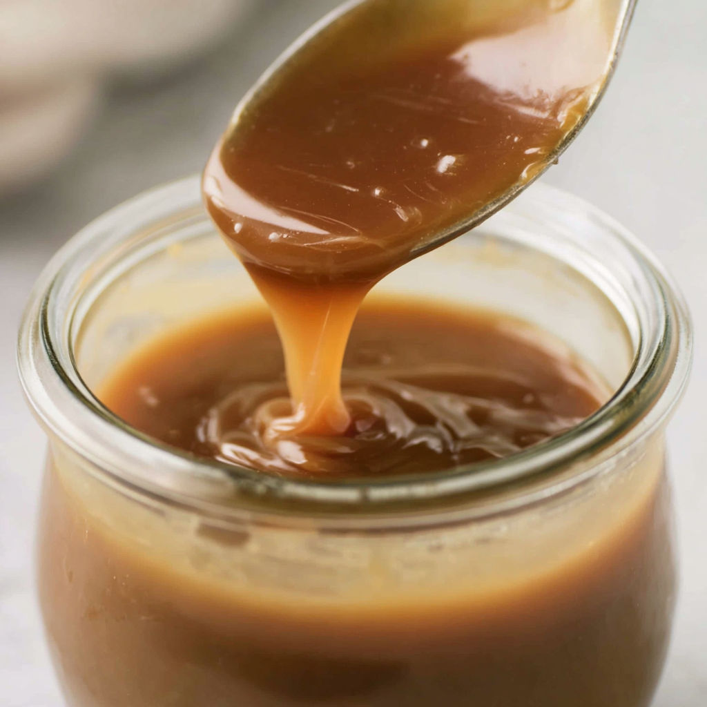 A spoon is in a jar of toffee sauce.