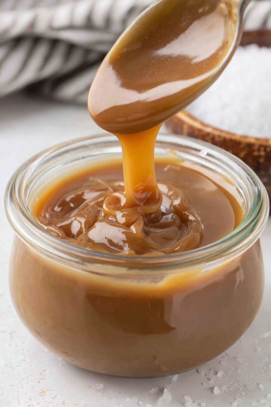 A spoon is in a jar of toffee sauce.