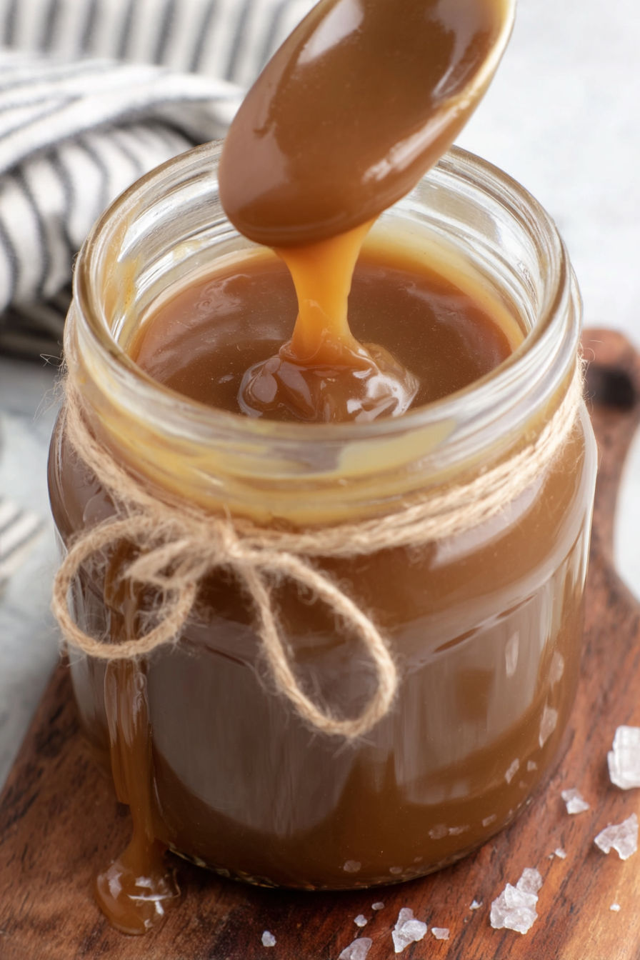 A jar of toffee sauce is being poured into a bowl.