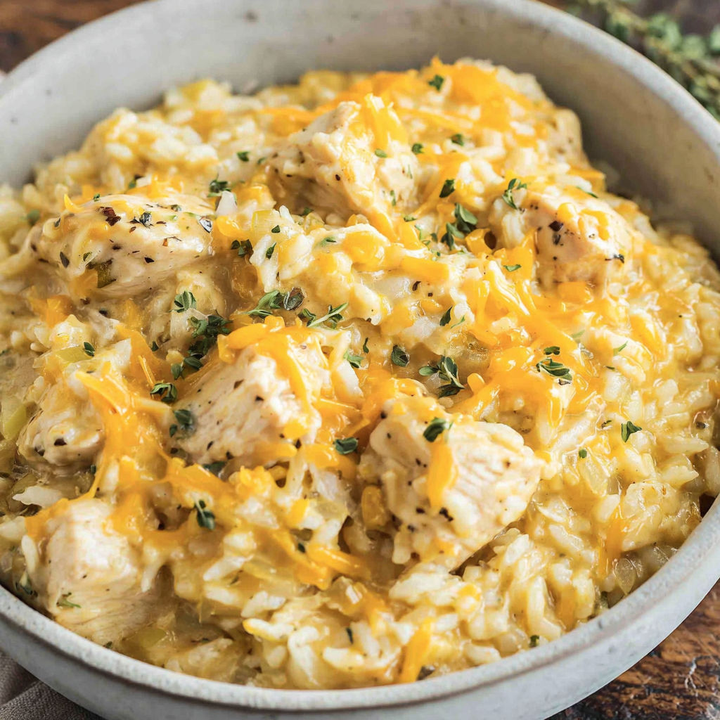 A bowl of rice and chicken.