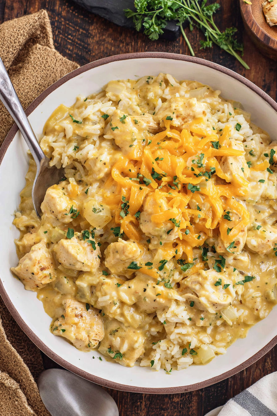 A bowl of chicken and rice.