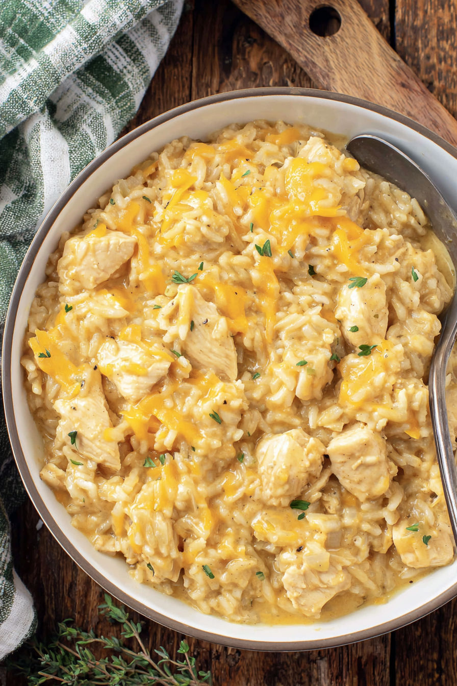 A bowl of slow cooker chicken and rice.