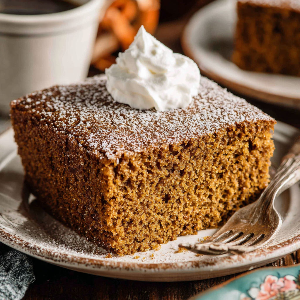 A slice of gingerbread cake with whipped cream on top.