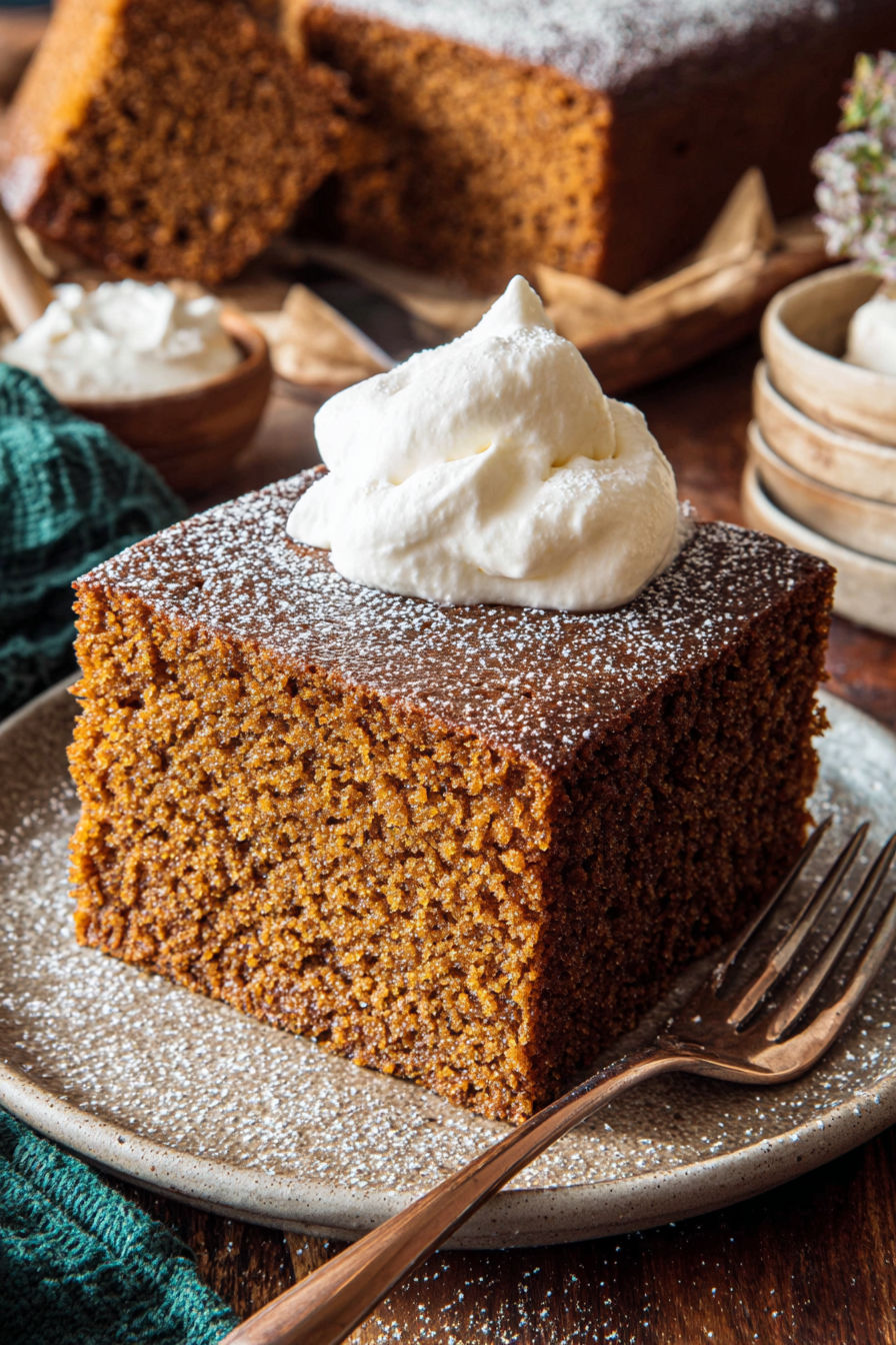 A slice of gingerbread cake with whipped cream on top.