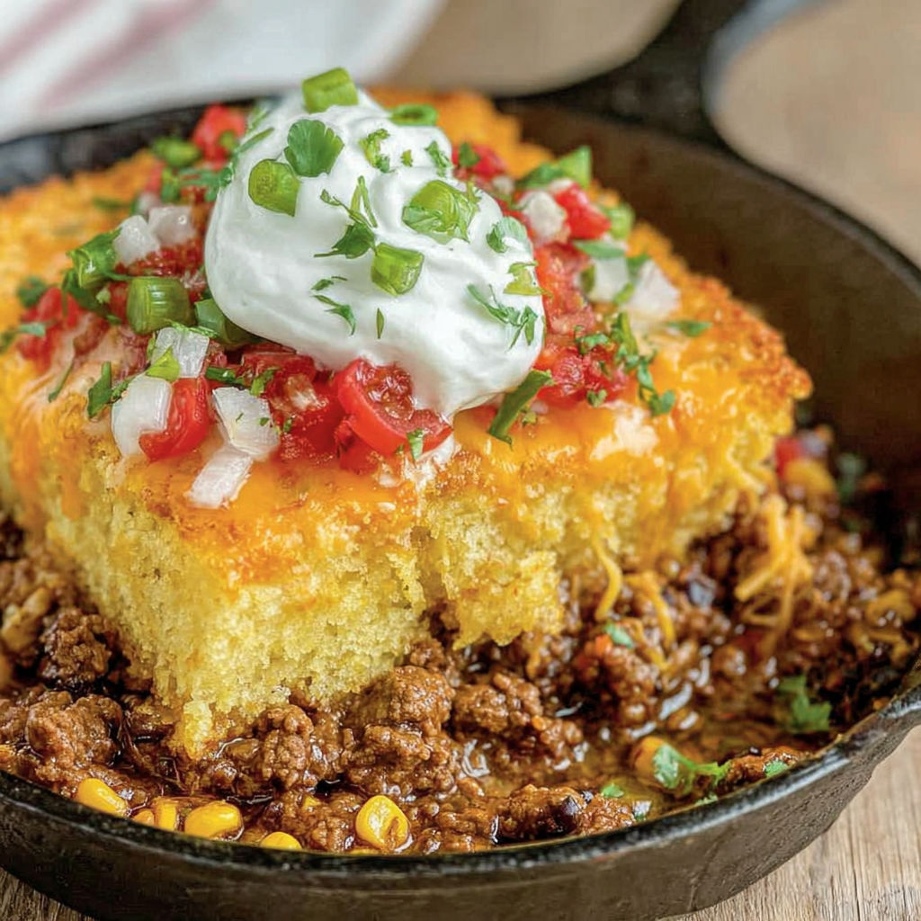 A close up of a delicious looking cornbread casserole.