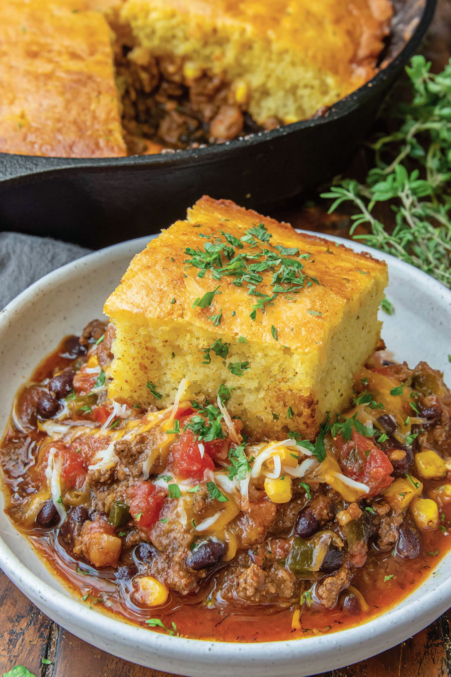 A close up of a piece of cornbread in a bowl.