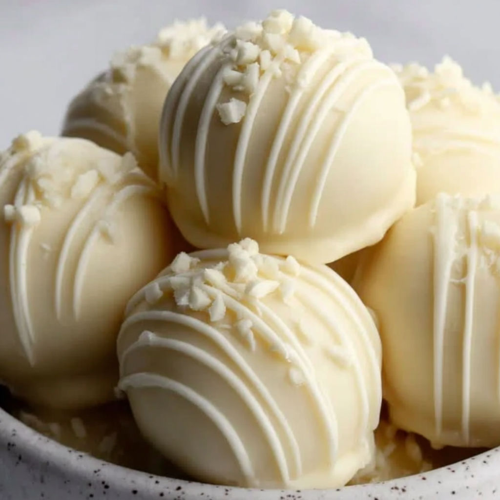 A bowl of white chocolate truffles.