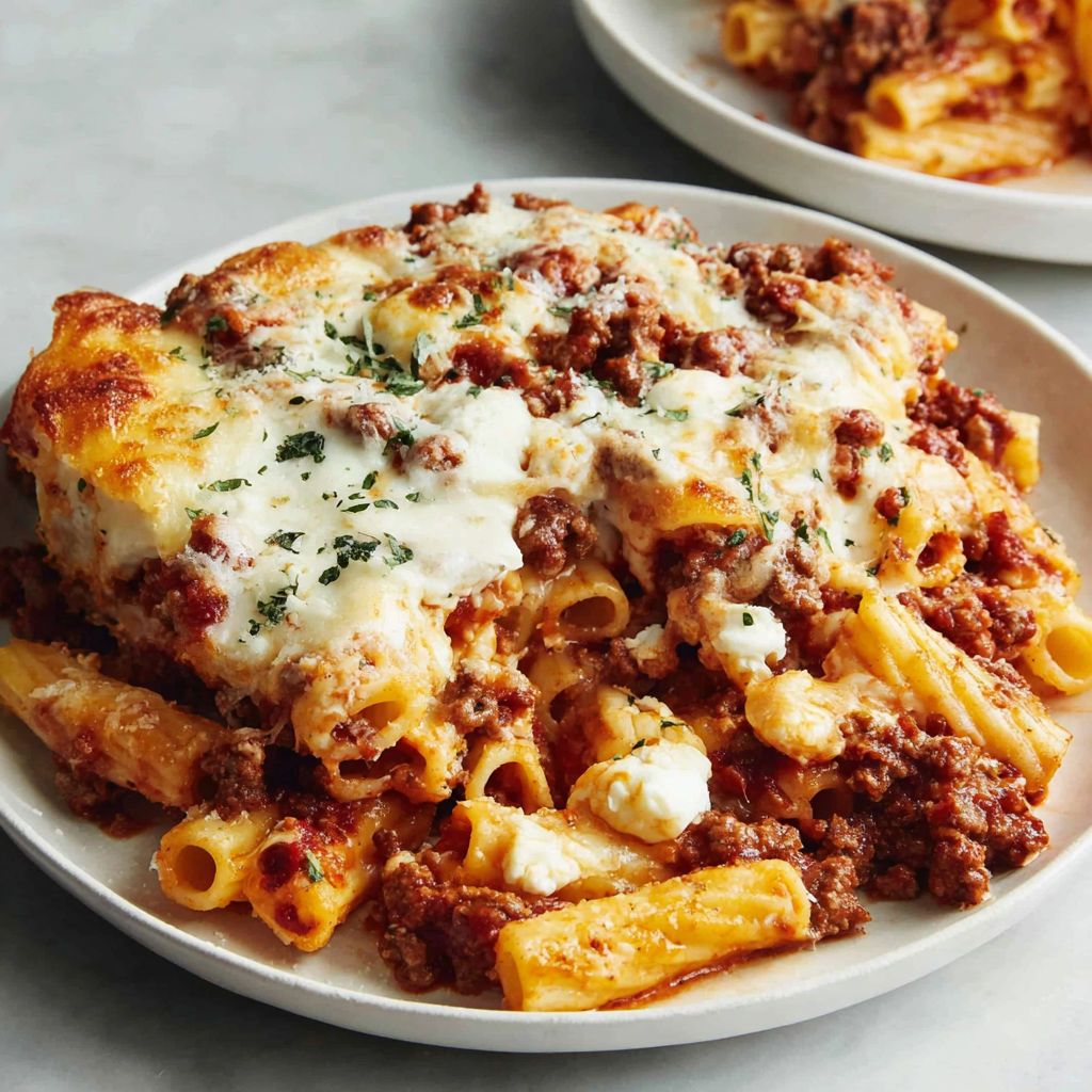 A plate of baked ziti with cheese and tomato sauce.