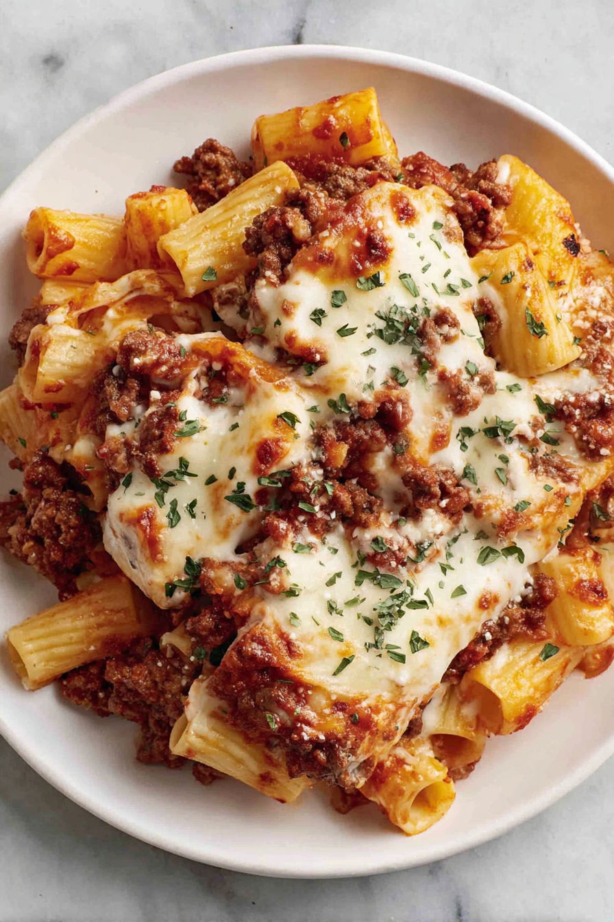 A plate of baked ziti with cheese and tomato sauce.