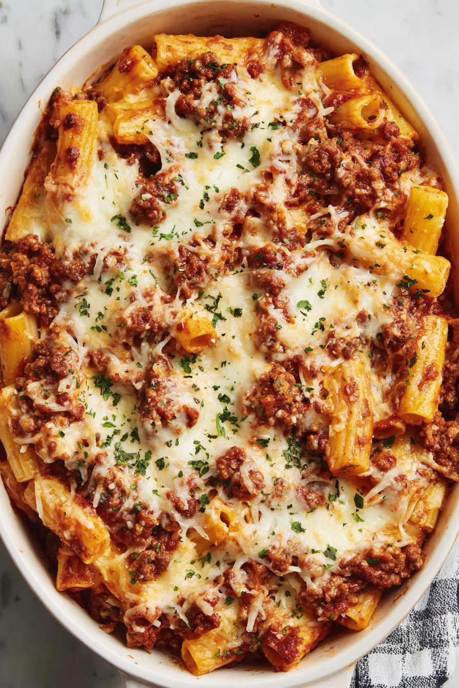 A baked ziti dish with cheese and meat.