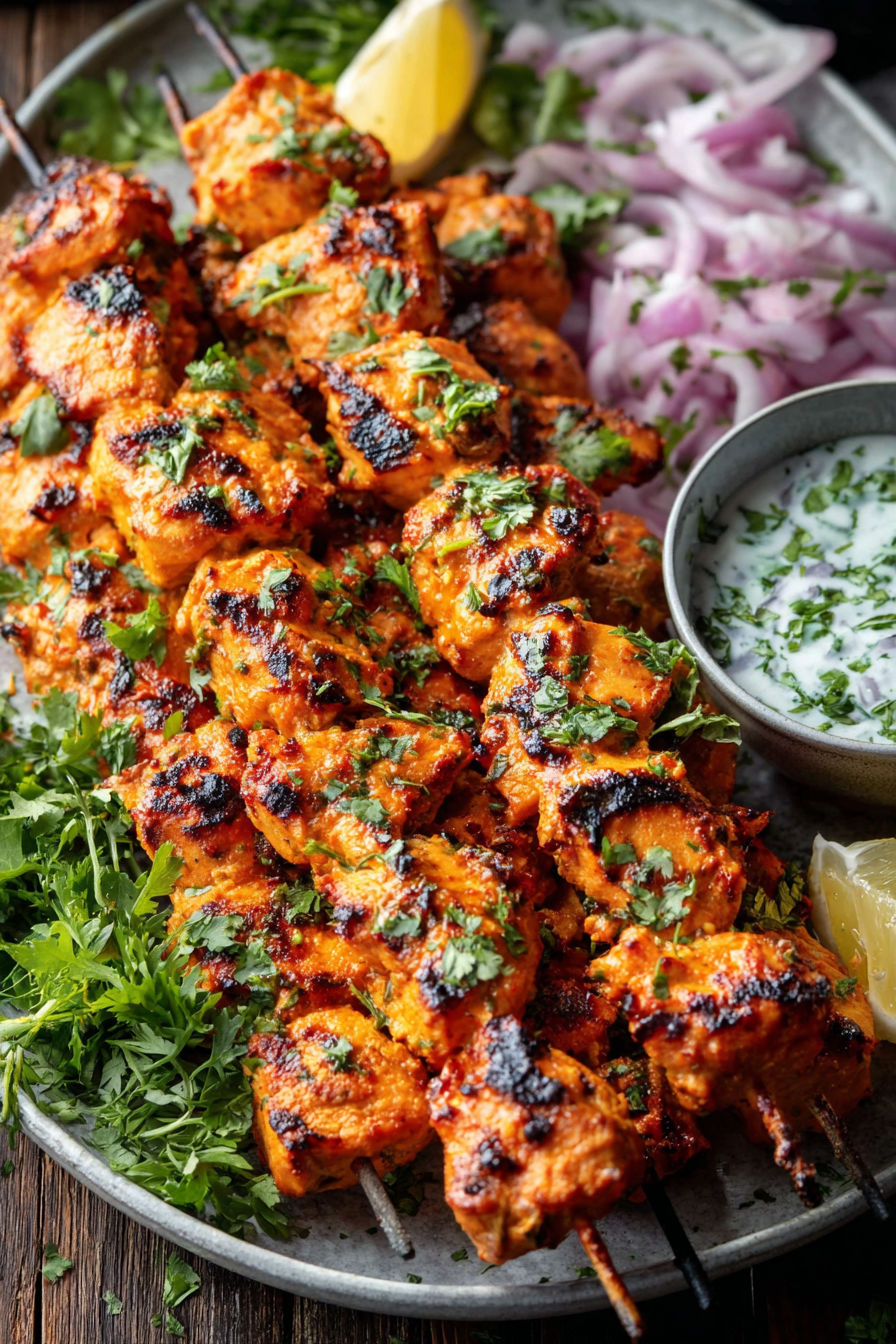 A plate of chicken tikka kebab with a bowl of sauce.