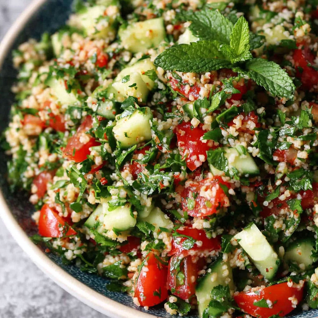 A bowl of tabouli salad with tomatoes, cucumbers, and parsley.