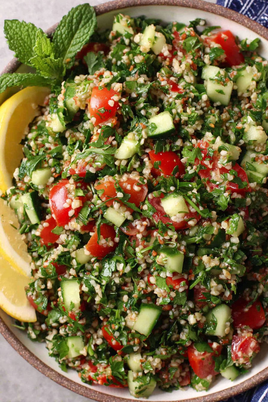 A bowl of tabouli salad with tomatoes, cucumbers, and parsley.