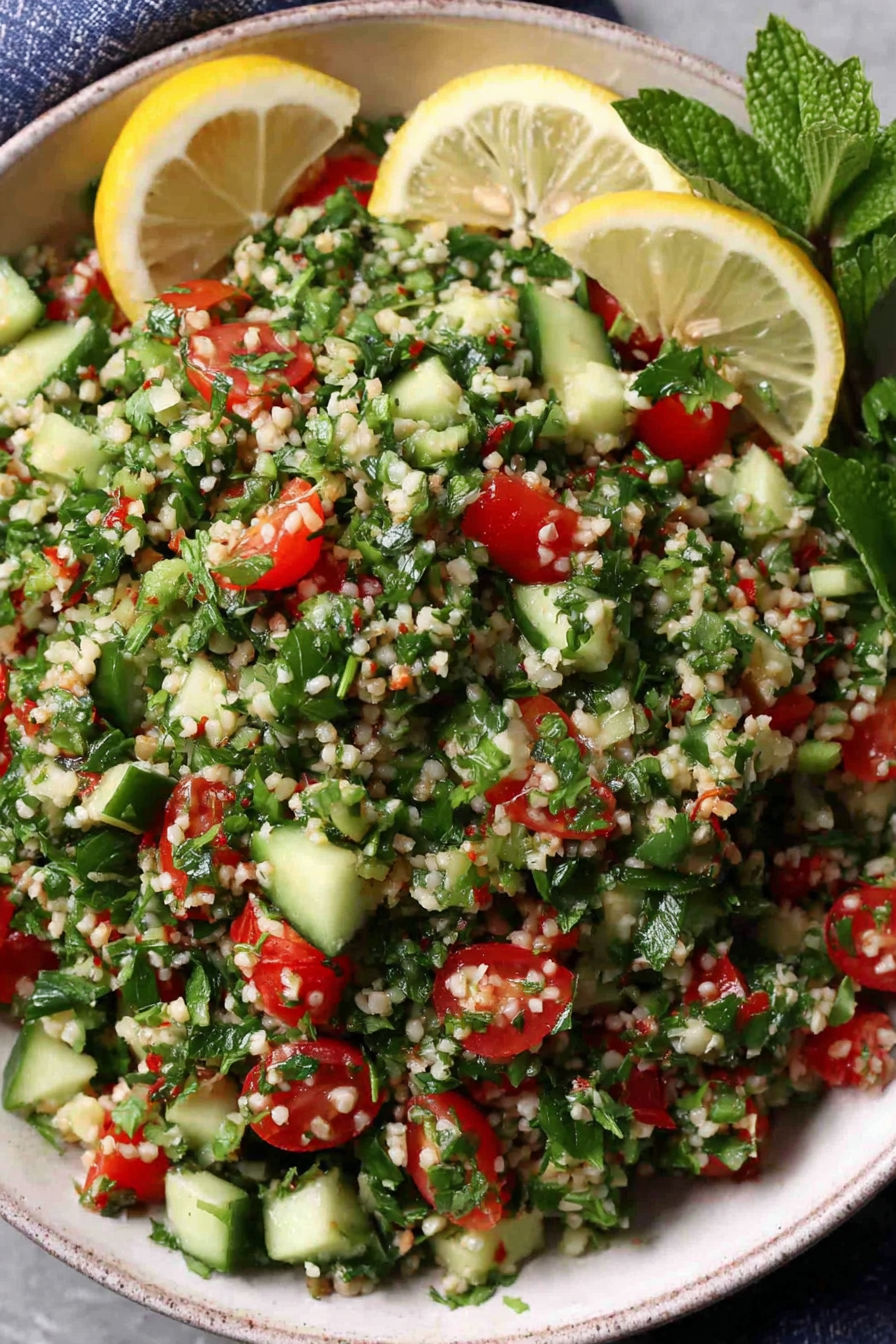 A bowl of tabouli salad with tomatoes, cucumbers, and lemon wedges.