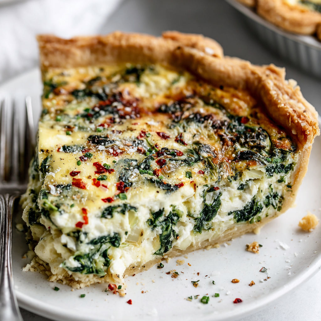 A slice of spinach quiche on a plate.