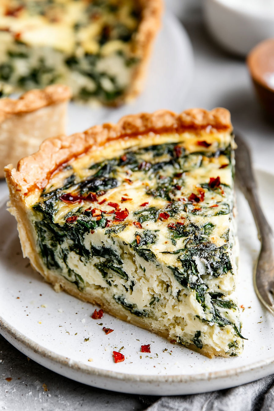 A slice of spinach quiche on a plate.