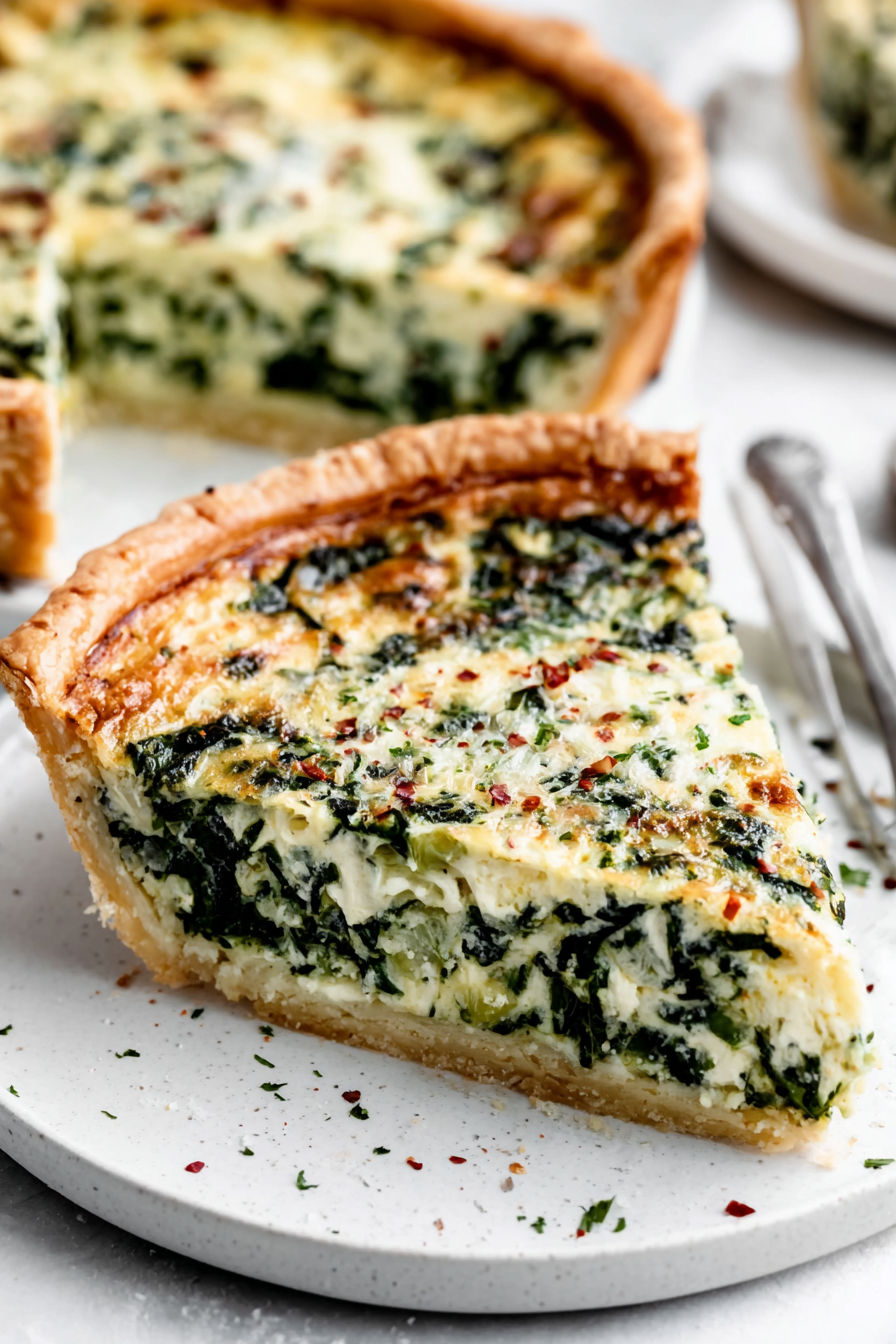 A slice of spinach quiche on a plate.