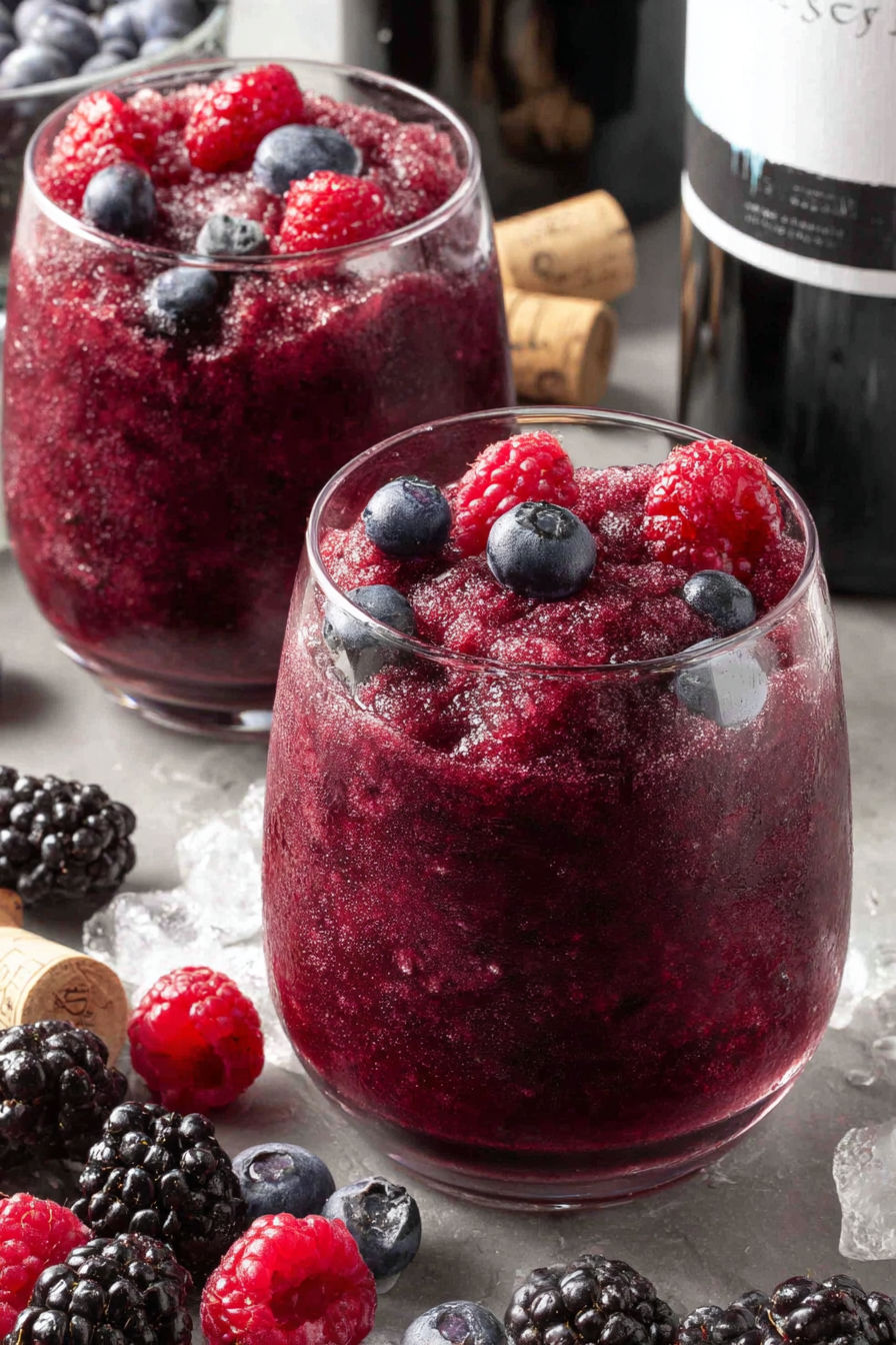 Two glasses of red wine slushie with blueberries and raspberries.