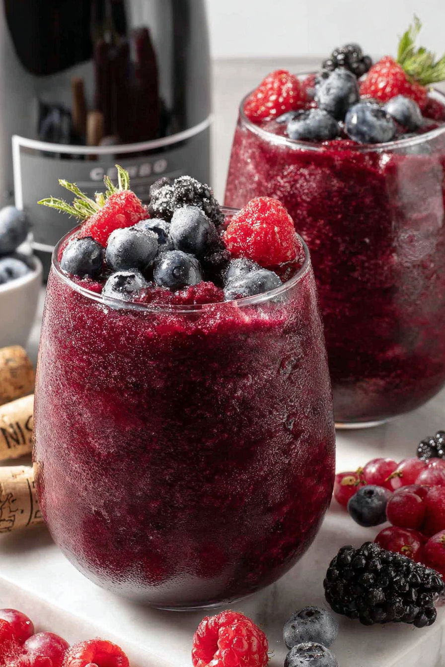 Two glasses of red wine slushie with blueberries and raspberries.