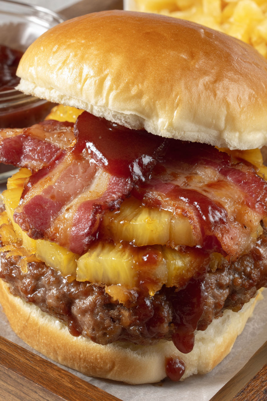 A close up of a pineapple bacon burger.