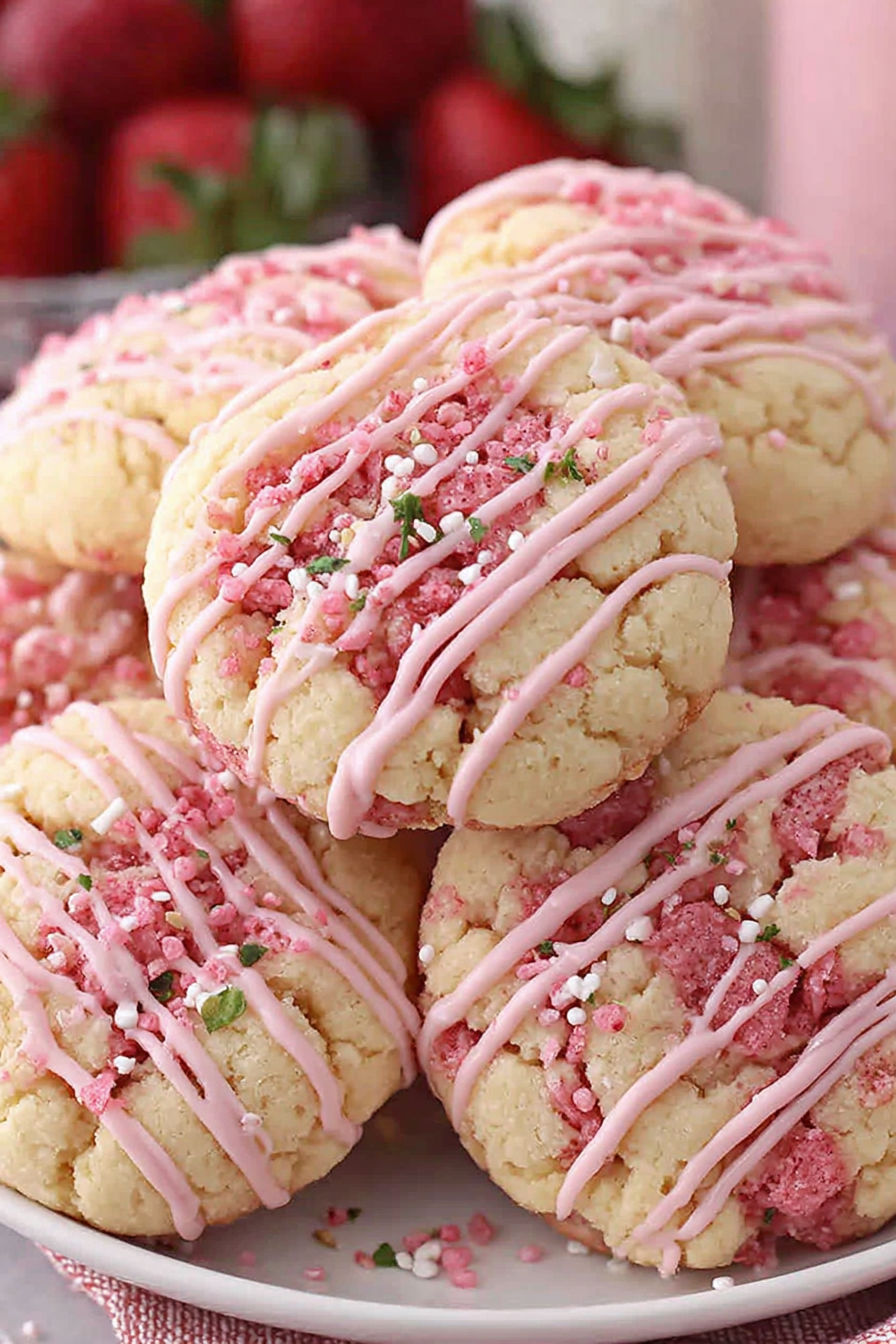 Pink and white cookies with pink frosting.