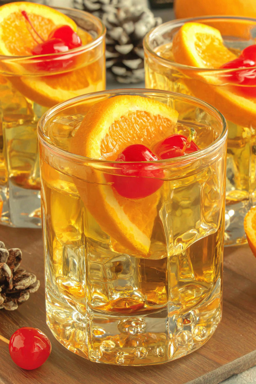 Three glasses of orange juice with a slice of orange in each.