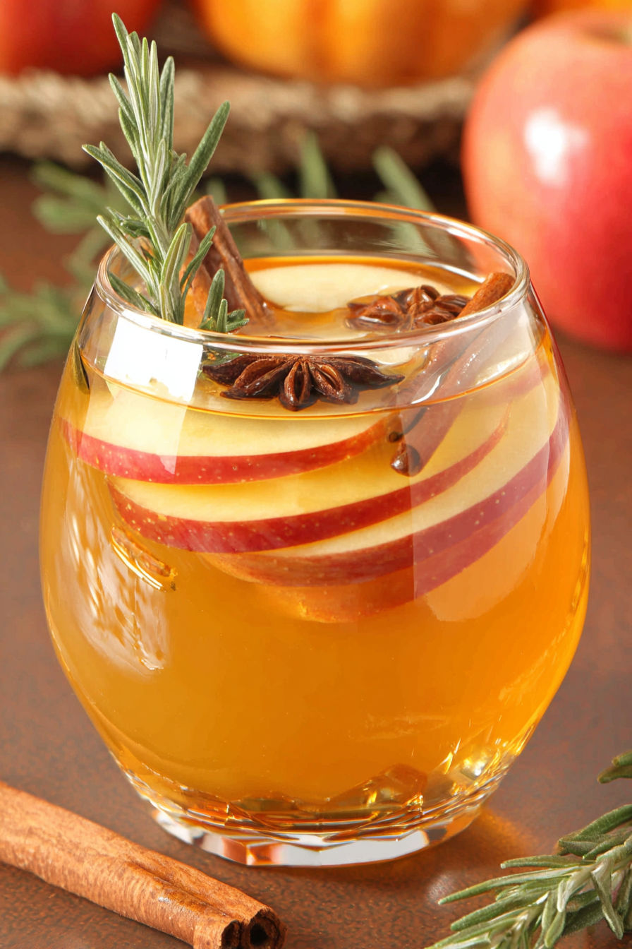 A glass of boozy fireball apple cider.