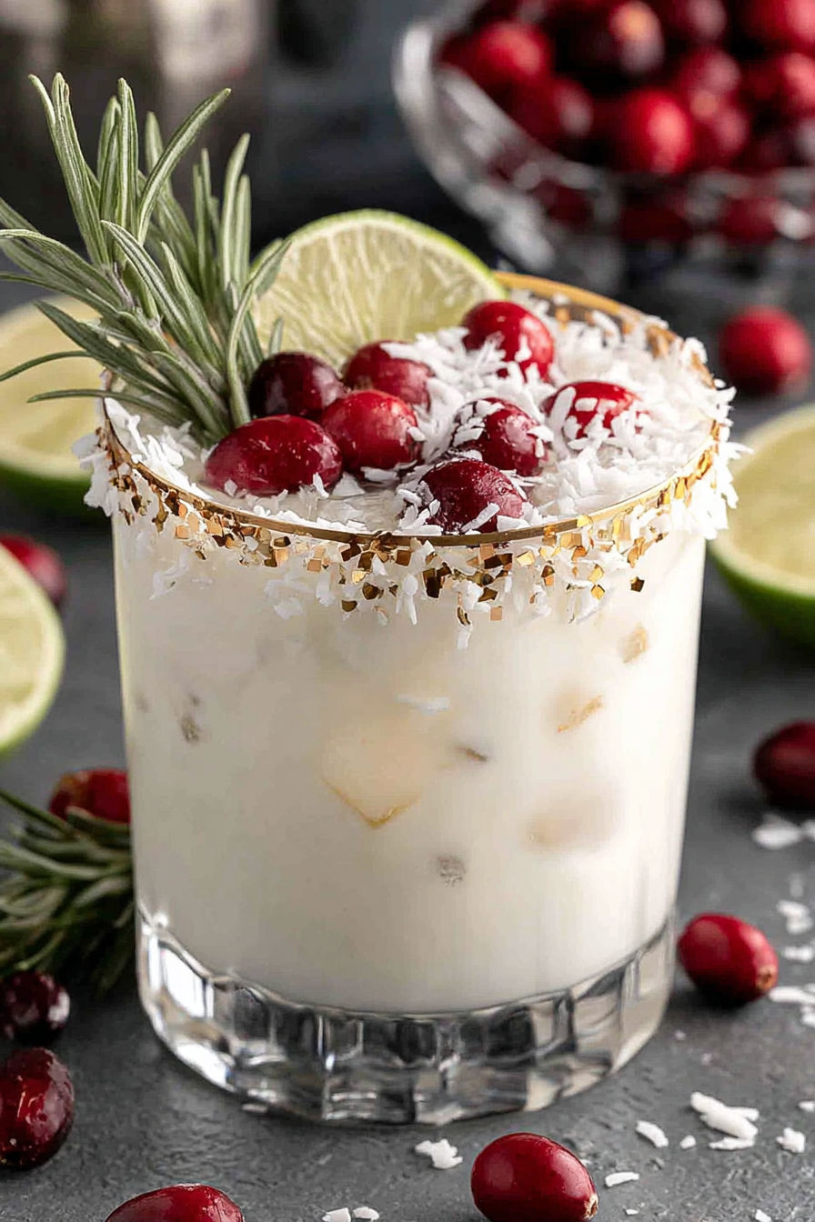 A glass of white Christmas margarita with cranberries and lime.