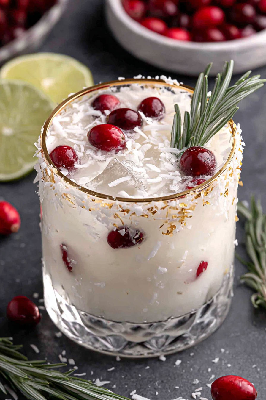 A glass of white Christmas margarita with cranberries and lime.