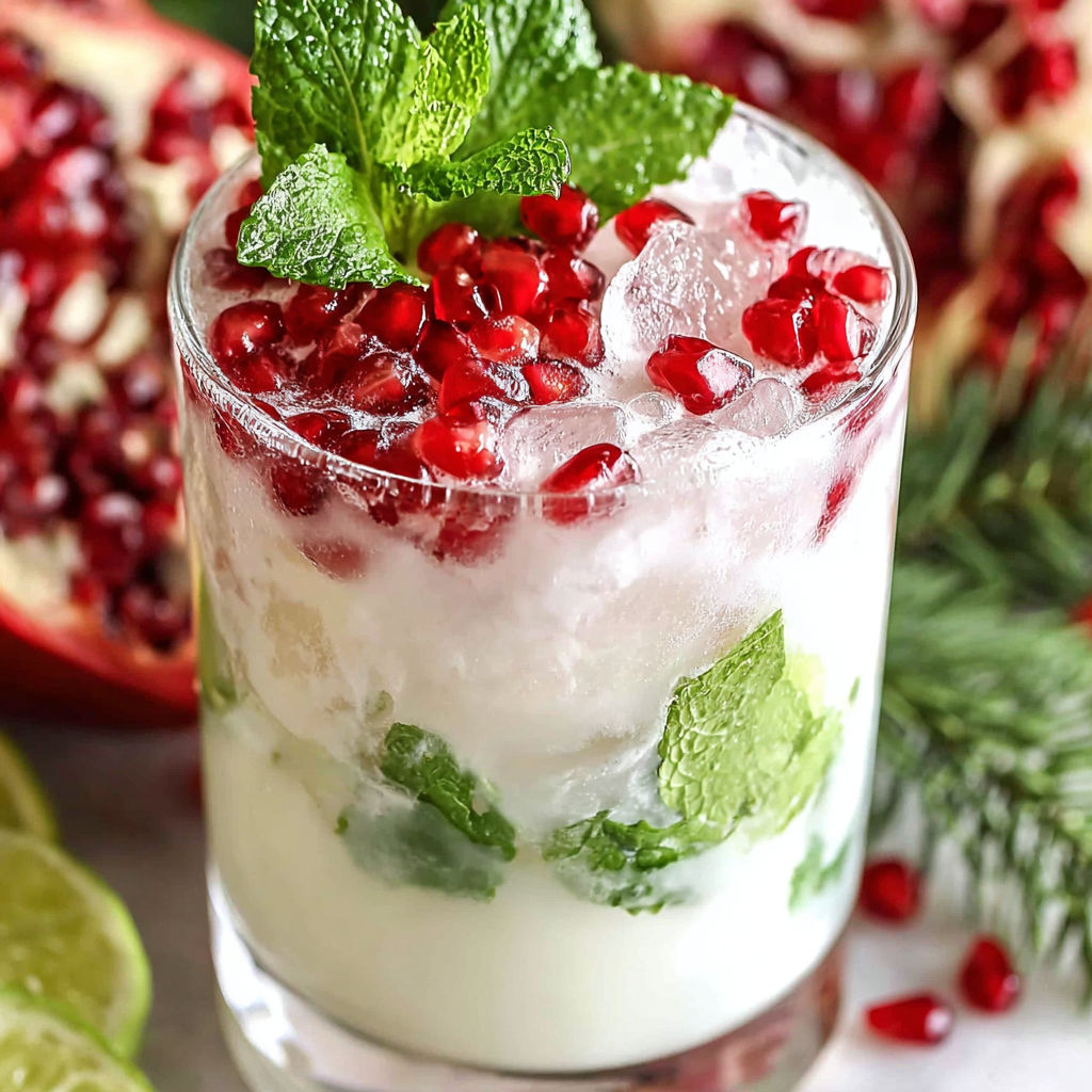A glass of creamy white Christmas mojito with a slice of lime.