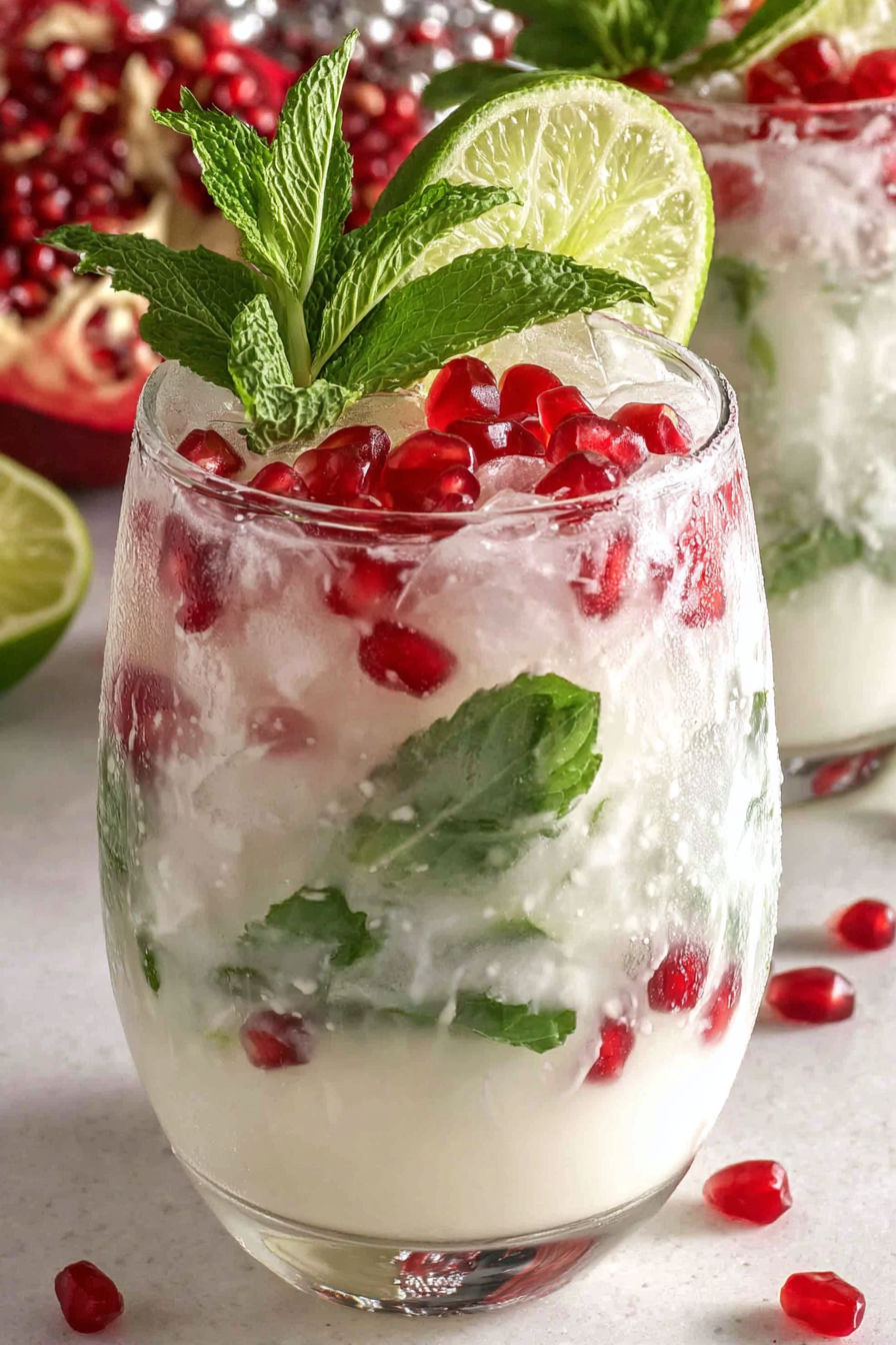 A glass of creamy white Christmas mojito.