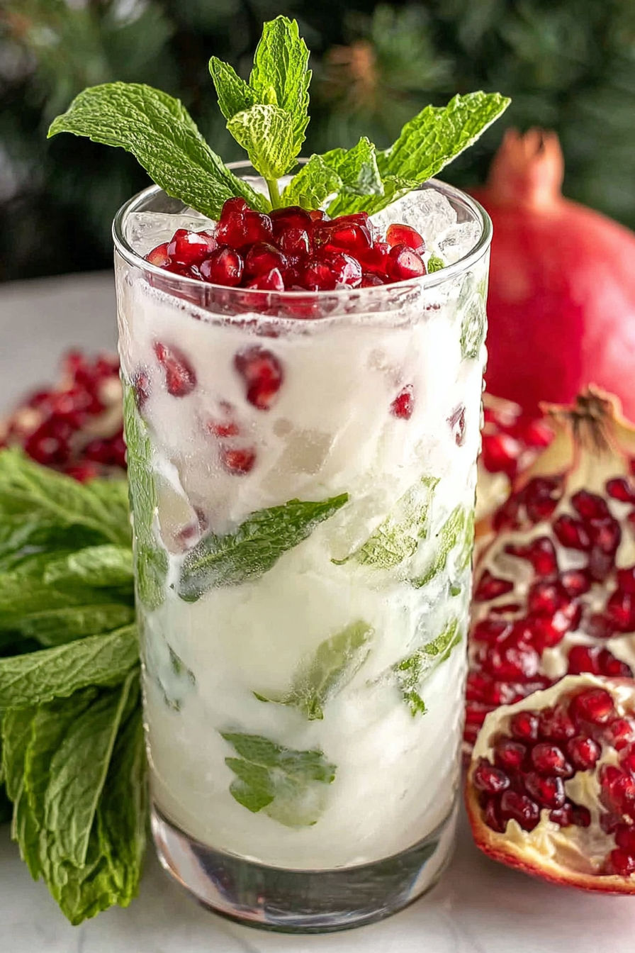 A glass of creamy white Christmas mojito sits on a table.