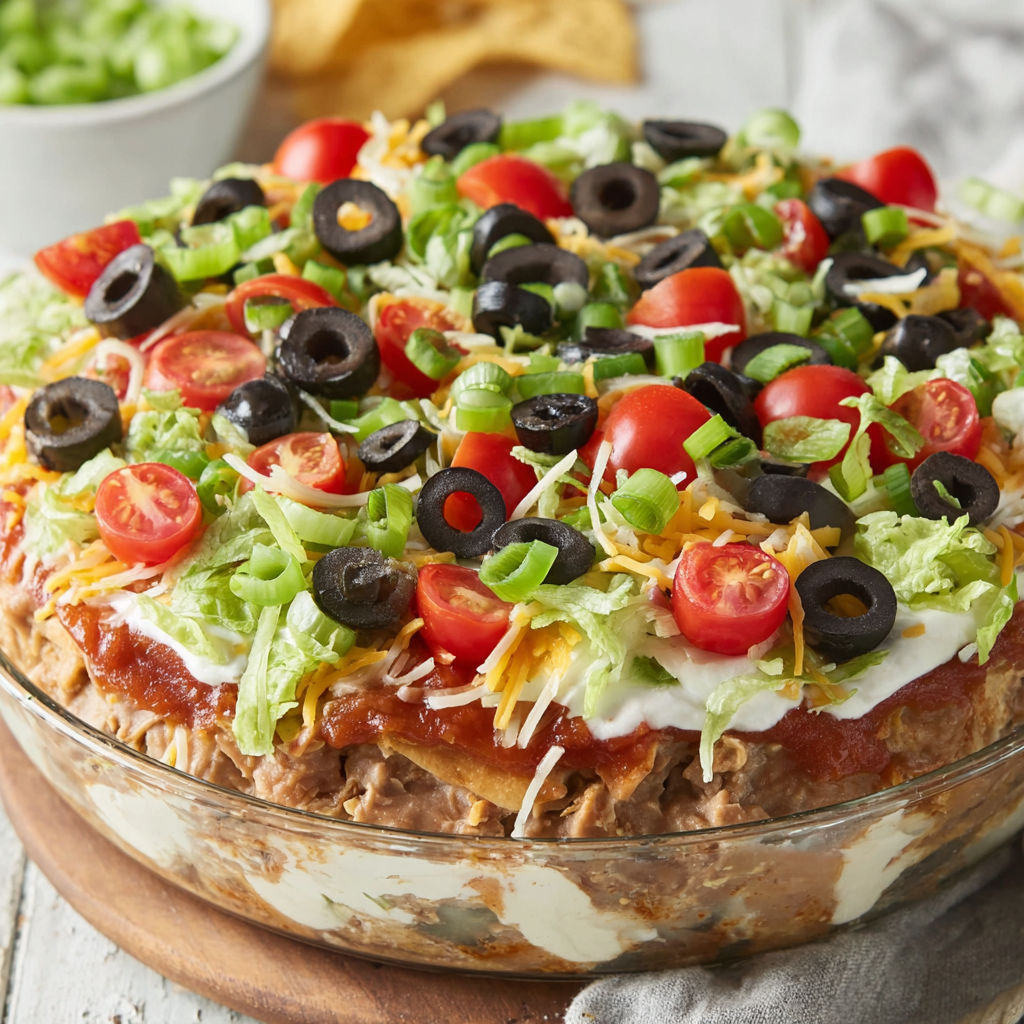 A large bowl of 7 layer dip.