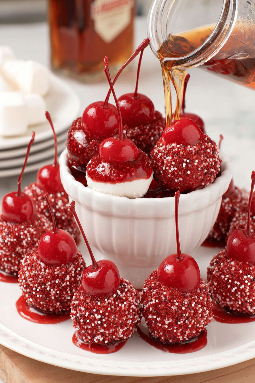 A bowl of cherry bombs with a syrup drizzle.