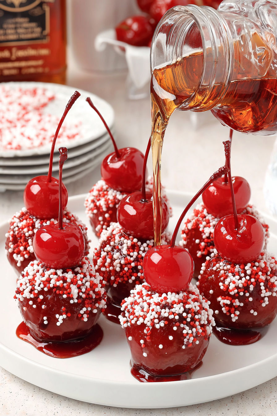 A plate of cherry bombs with a syrup drizzle.