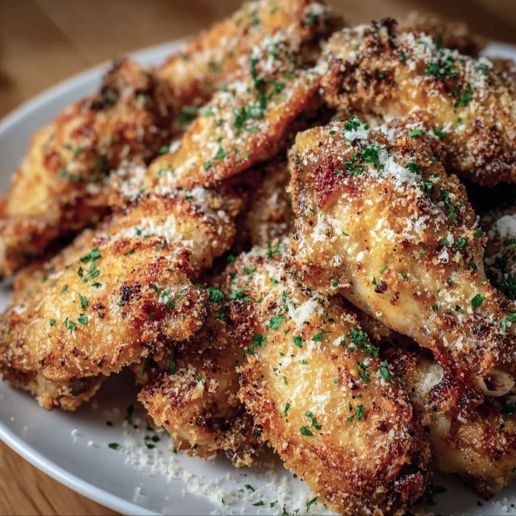 A plate of air fryer parmesan crusted chicken wings.