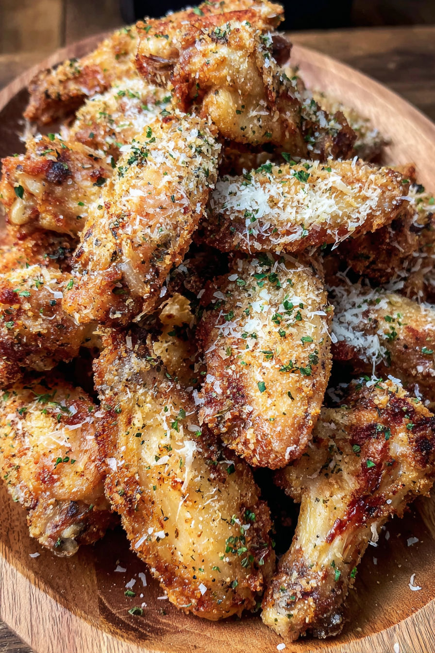 A plate of air fryer parmesan crusted chicken wings.