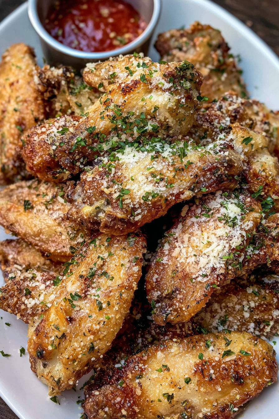 A plate of air fryer parmesan crusted chicken wings.